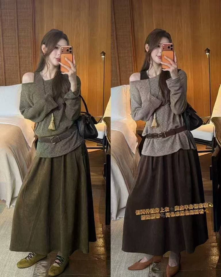 새로운 아메리칸 레트로 불모지 바람 패치워크 오프숄더 맨위 허리밴드 반신 스커트 벨트 3 세트 상세 이미지 1