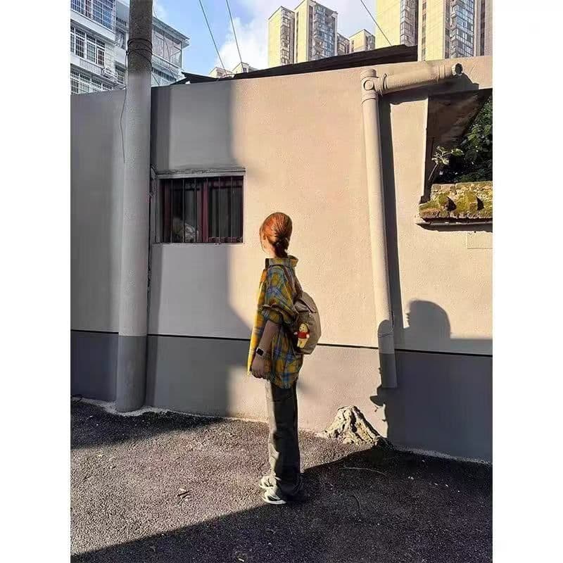 황색 체크무늬 긴팔 여성 셔츠 외부 가져 가라. 얇은 스타일 루즈핏 ins 조수 브랜드 출퇴근 레트로 작은 대중 자외선 차단 작은 외투 상세 이미지 5