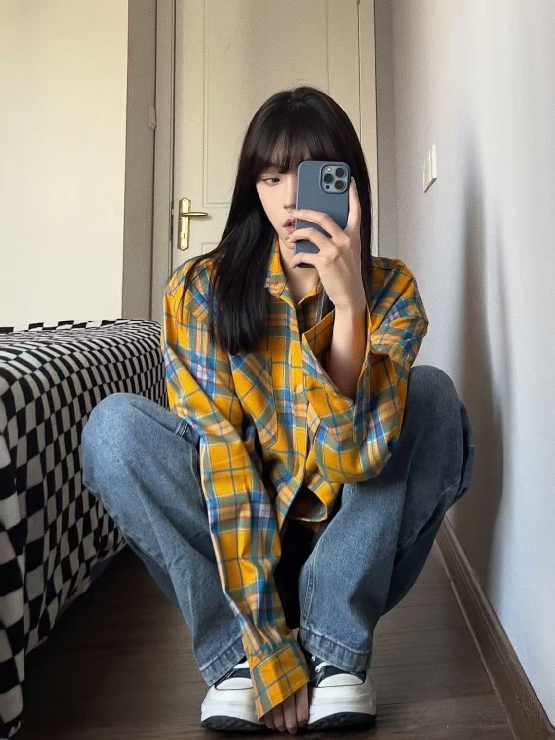 황색 체크무늬 긴팔 여성 셔츠 외부 가져 가라. 얇은 스타일 루즈핏 ins 조수 브랜드 출퇴근 레트로 작은 대중 자외선 차단 작은 외투 상세 이미지 8