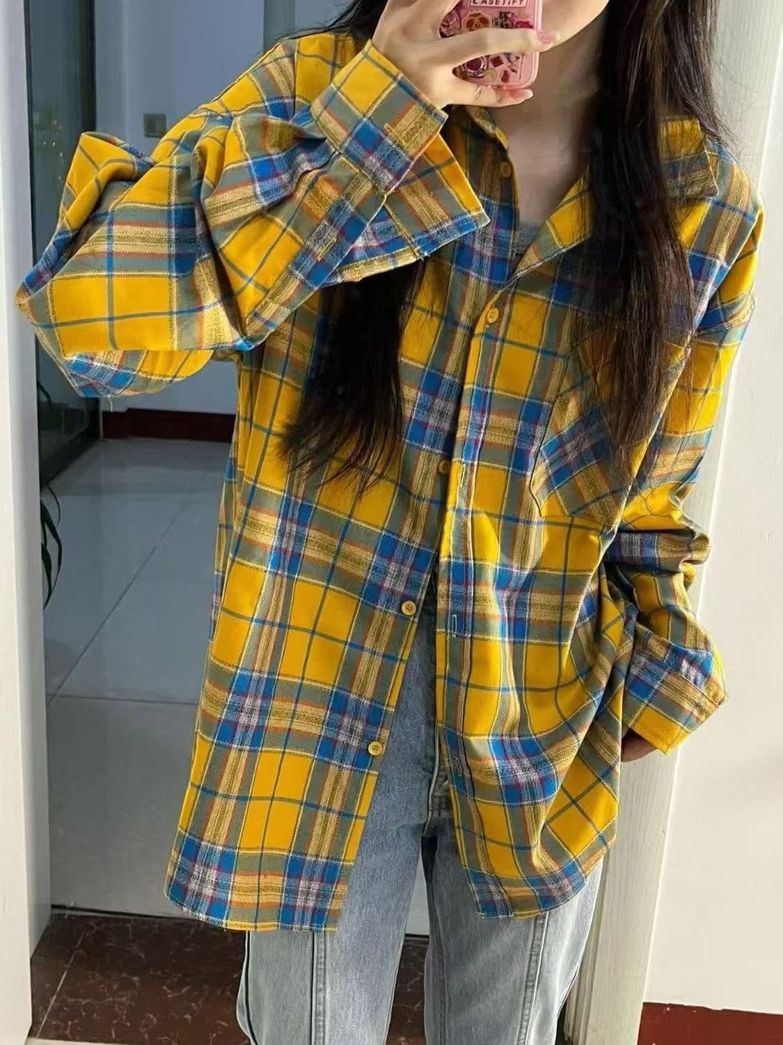 황색 체크무늬 긴팔 여성 셔츠 외부 가져 가라. 얇은 스타일 루즈핏 ins 조수 브랜드 출퇴근 레트로 작은 대중 자외선 차단 작은 외투 상세 이미지 9