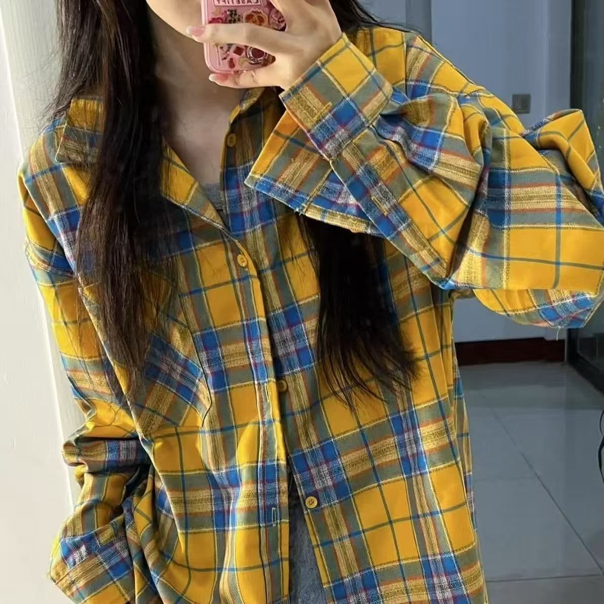 황색 체크무늬 긴팔 여성 셔츠 외부 가져 가라. 얇은 스타일 루즈핏 ins 조수 브랜드 출퇴근 레트로 작은 대중 자외선 차단 작은 외투 상세 이미지 13