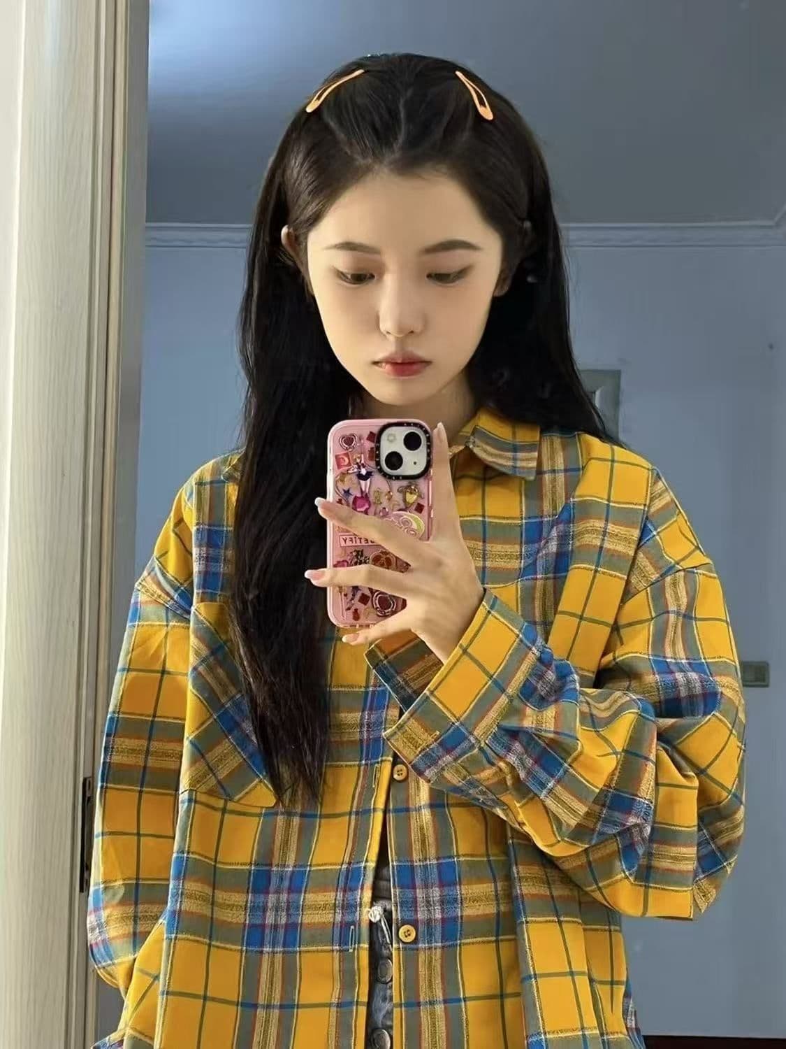 황색 체크무늬 긴팔 여성 셔츠 외부 가져 가라. 얇은 스타일 루즈핏 ins 조수 브랜드 출퇴근 레트로 작은 대중 자외선 차단 작은 외투 상세 이미지 14