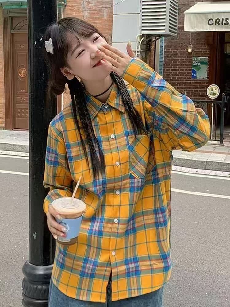 황색 체크무늬 긴팔 여성 셔츠 외부 가져 가라. 얇은 스타일 루즈핏 ins 조수 브랜드 출퇴근 레트로 작은 대중 자외선 차단 작은 외투 상세 이미지 21