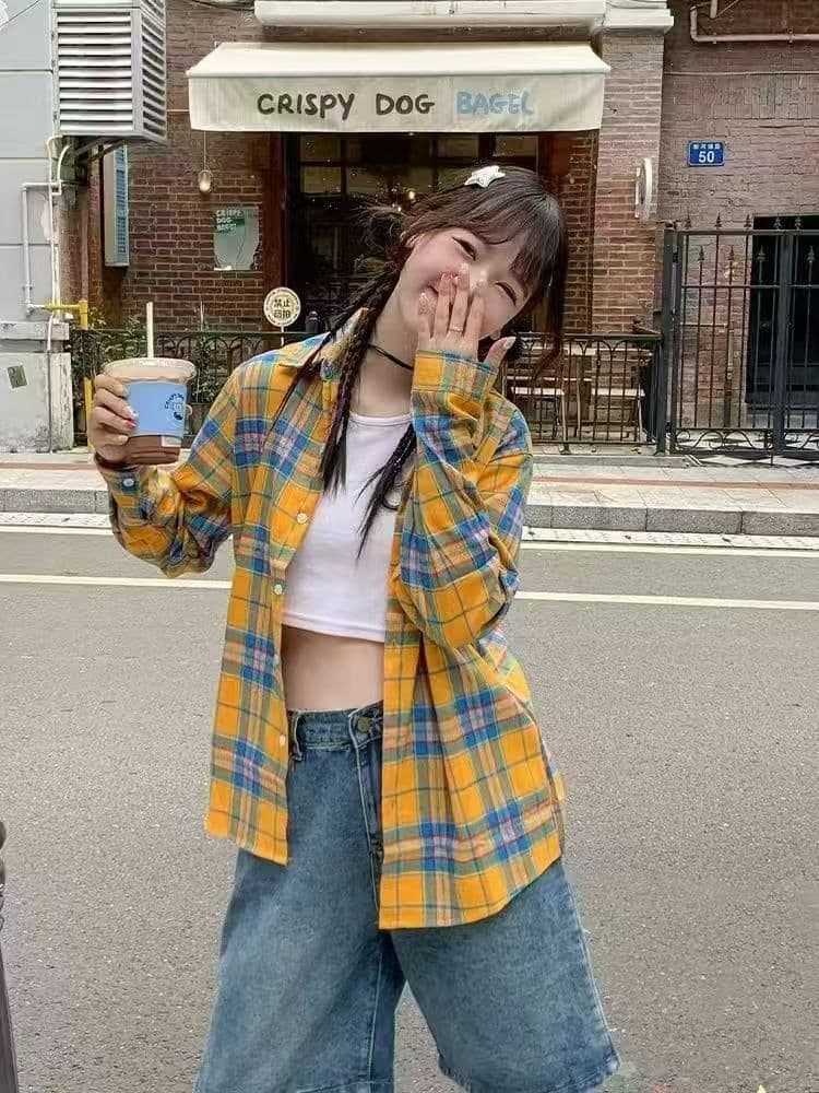 황색 체크무늬 긴팔 여성 셔츠 외부 가져 가라. 얇은 스타일 루즈핏 ins 조수 브랜드 출퇴근 레트로 작은 대중 자외선 차단 작은 외투 상세 이미지 22
