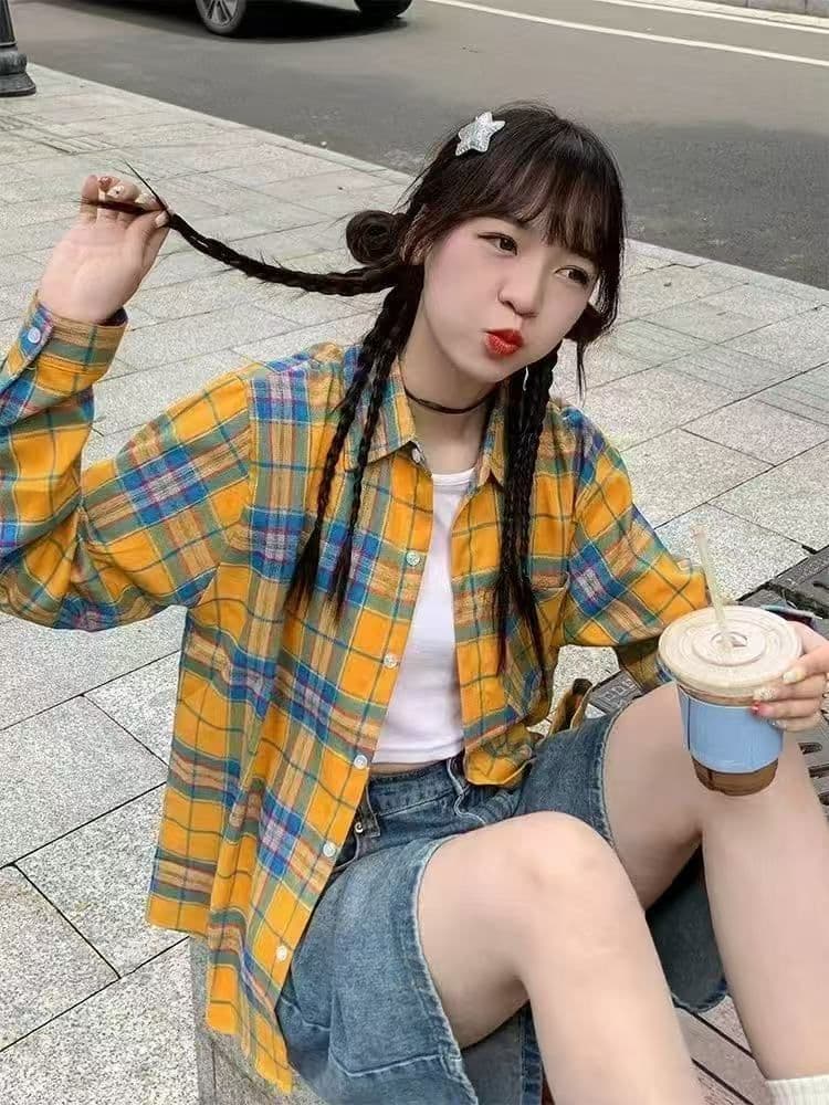 황색 체크무늬 긴팔 여성 셔츠 외부 가져 가라. 얇은 스타일 루즈핏 ins 조수 브랜드 출퇴근 레트로 작은 대중 자외선 차단 작은 외투 상세 이미지 24