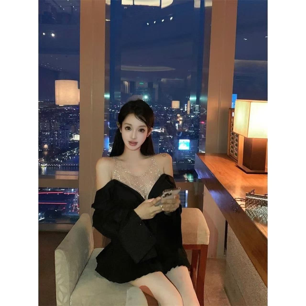 프랑스식 가을 품격 망사 패치워크 긴팔 오프숄더 섹시함 셔츠 두 조각 고급 디자인 맨위 어깨 셔츠 상세 이미지 10