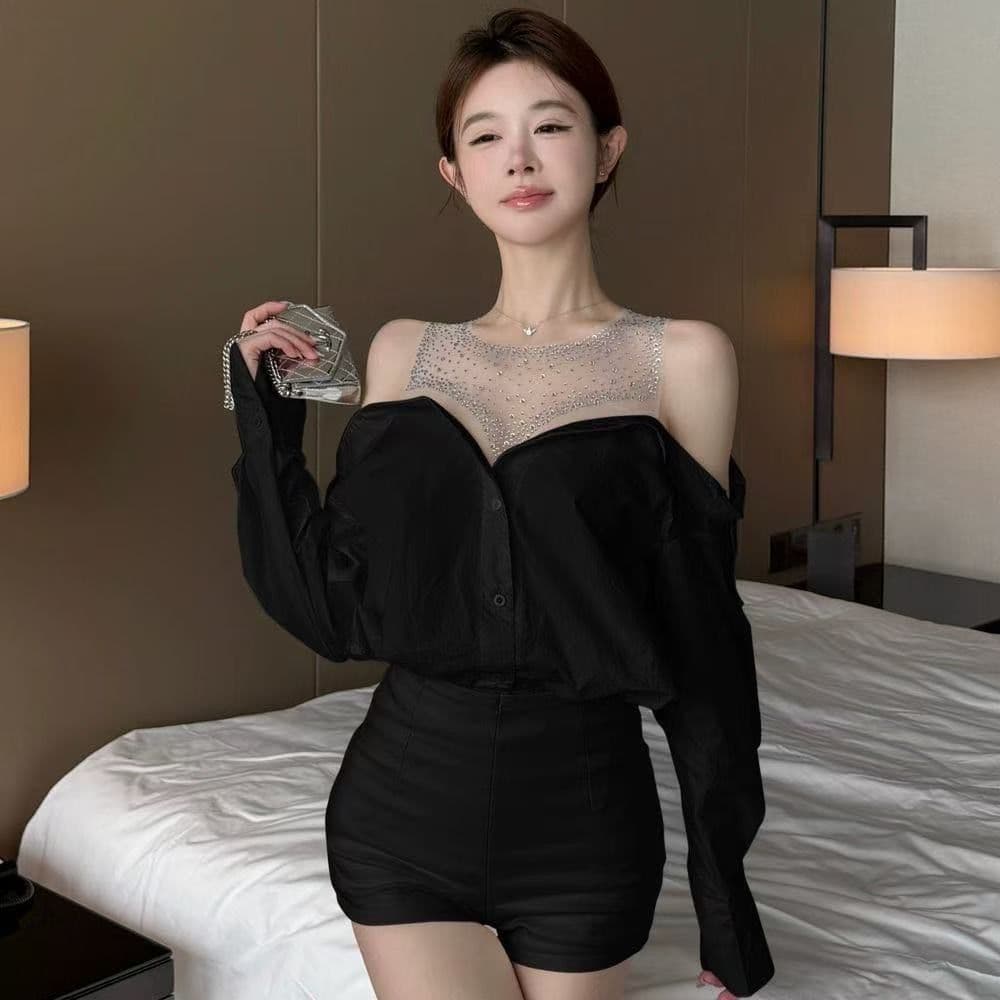 프랑스식 가을 품격 망사 패치워크 긴팔 오프숄더 섹시함 셔츠 두 조각 고급 디자인 맨위 어깨 셔츠 상세 이미지 15