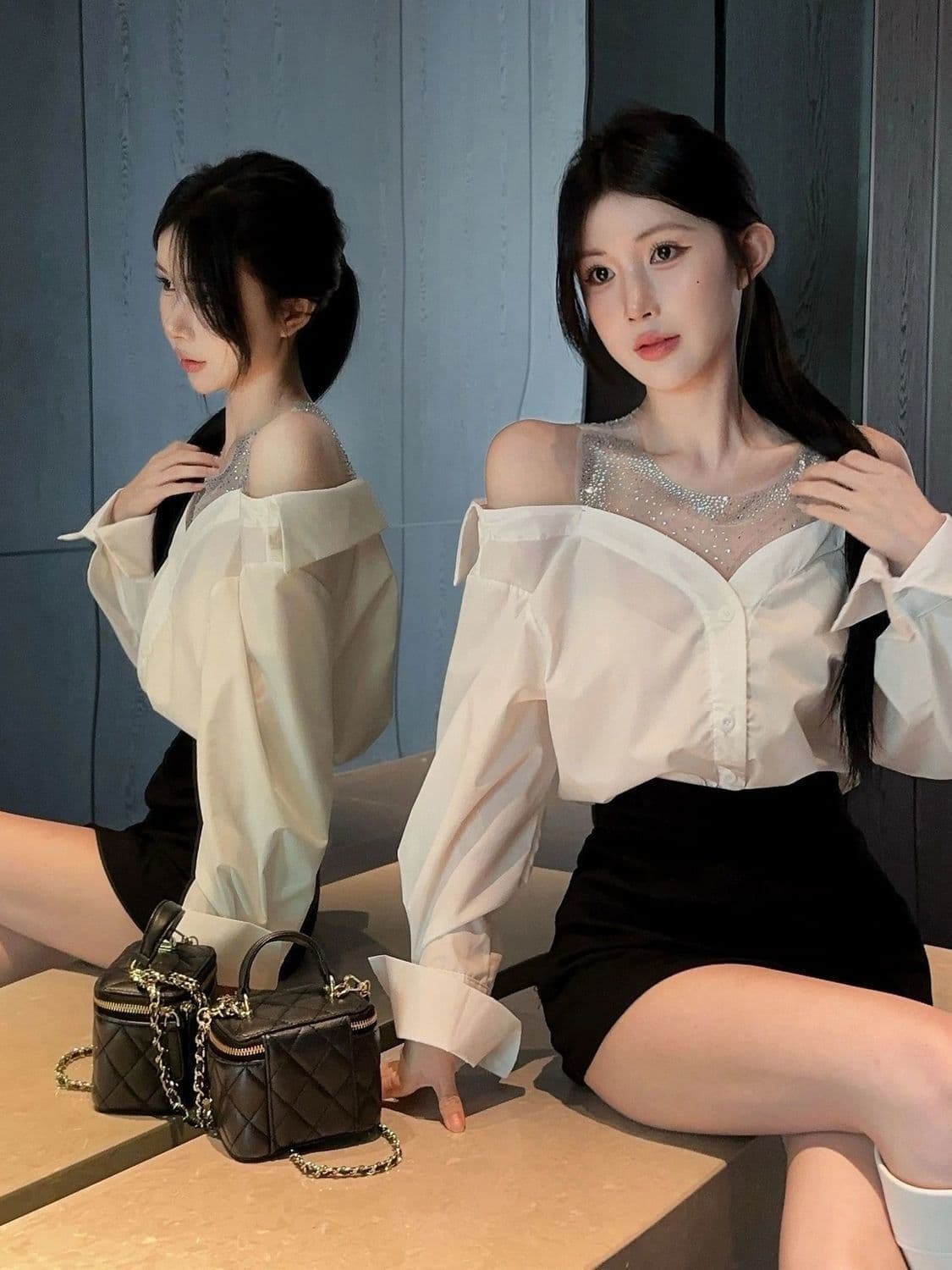프랑스식 가을 품격 망사 패치워크 긴팔 오프숄더 섹시함 셔츠 두 조각 고급 디자인 맨위 어깨 셔츠 상세 이미지 16