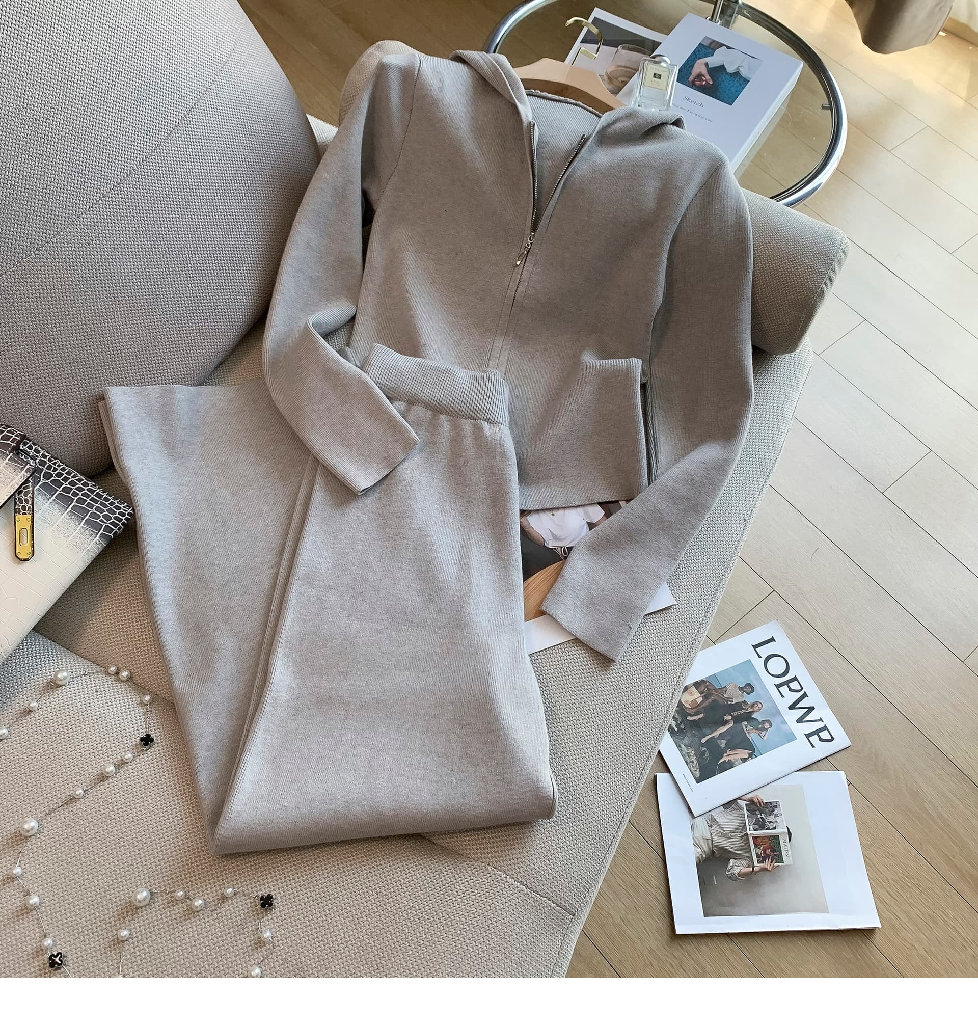 유럽 역 핫걸 후드 니트 세트 여성 가을 쇼트 스타일 몸매 가꾸기 오픈 가디건 하이웨이스트 넓은 다리 길이 바지 캐주얼 투피스 세트 상세 이미지 42