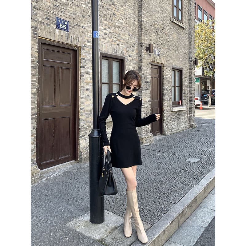 프랑스식 작은 샤넬 스타일 숙녀 품격 행침 목 핫걸 검정색 니트 미니 스커트 가을 새로운 한 마디 드레스 복장 이미지 3