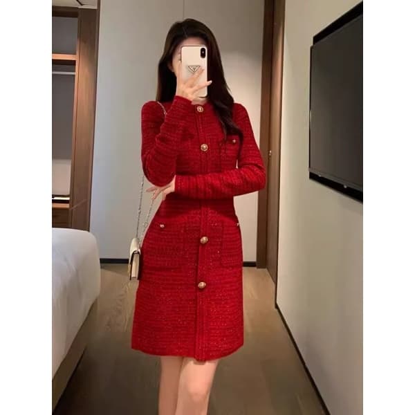 작은 샤넬 스타일 빨간색 참여 점프 슈트 치마 여성 의류 가을 겨울 신부 뒷문 토스트 예복 보통 웨어러블 니트 원피스 이미지 2