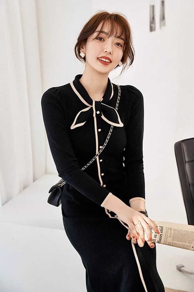 프랑스식 그는 벤 바람 작은 검은 드레스 여성 스탠드 칼라 싱글 줄 버튼 배색 몸매 가꾸기 인어 꼬리 니트 드레스 품격 중간 길이 스커트 이미지 5