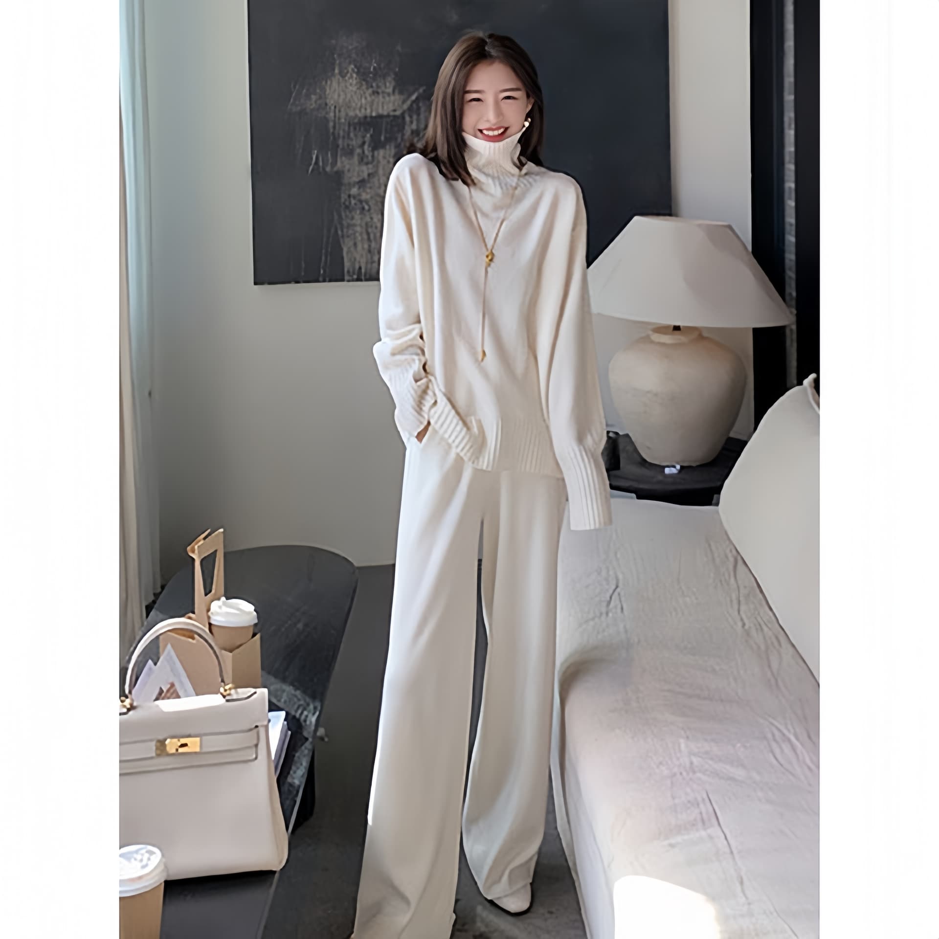 작은 샤넬 스타일 빛 요리 한 품격 로얄 자매 니트 세트 가을 튀김 거리 고급 센스 터틀넥 스웨터 와이드 레그 팬츠 두 조각 여성 세트 이미지 2