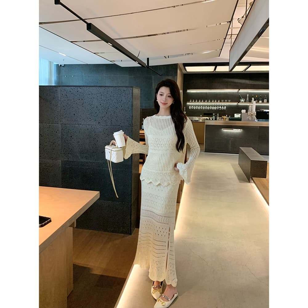 낭만주의 시간대 홀로우 아웃 니트 털 셔츠 반신 스커트 투피스 세트 가을 패션 세트 여성 디자인 센스 허리 수축 품격 이미지 3