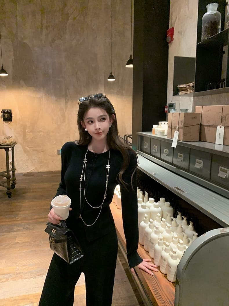 프랑스식 우아한 럭셔리 가을 새로운 품격 고급 센스 착용 가져 가라. 투피스 세트 다용도 출퇴근 니트 맨위 와이드 레깅스 바지 상세 이미지 38