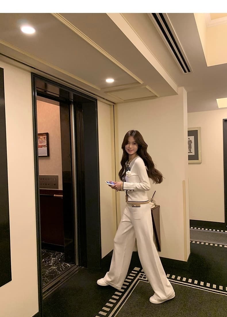 프랑스식 우아함 분위기 센스 가을 새로운 세트 배색 니트 오픈 가디건 스트레이트 캐주얼 와이드 레그 팬츠 두 조각 여성 세트 상세 이미지 21