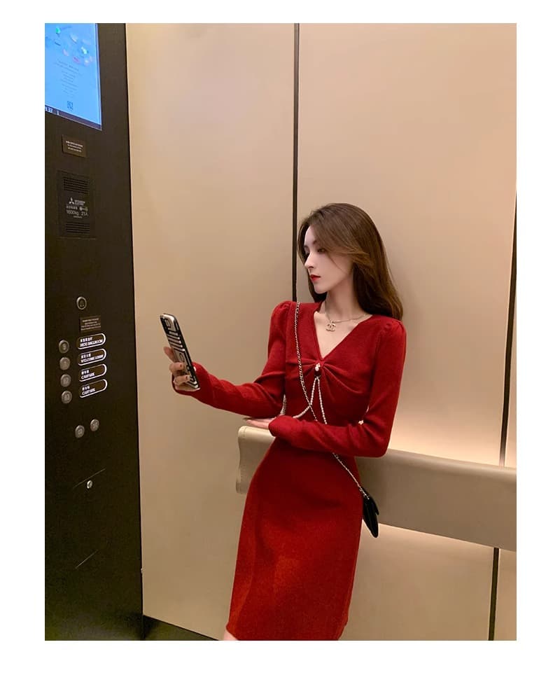 작은 샤넬 스타일 빨간색 니트 드레스 가을 여성 2026 새로운 연례 회의 프랑스식 만나는 끝났어 연중 가져 가라. 스웨터 드레스 상세 이미지 6