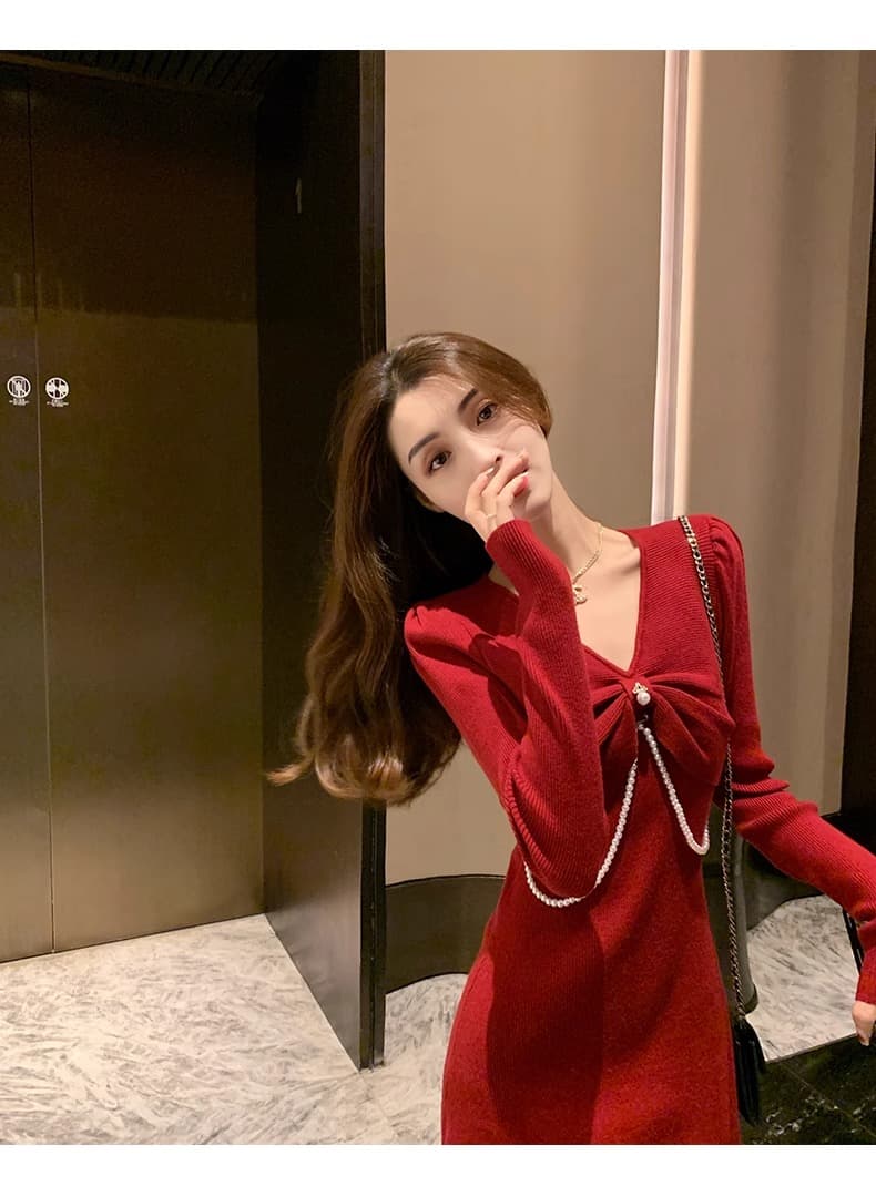 작은 샤넬 스타일 빨간색 니트 드레스 가을 여성 2026 새로운 연례 회의 프랑스식 만나는 끝났어 연중 가져 가라. 스웨터 드레스 상세 이미지 7