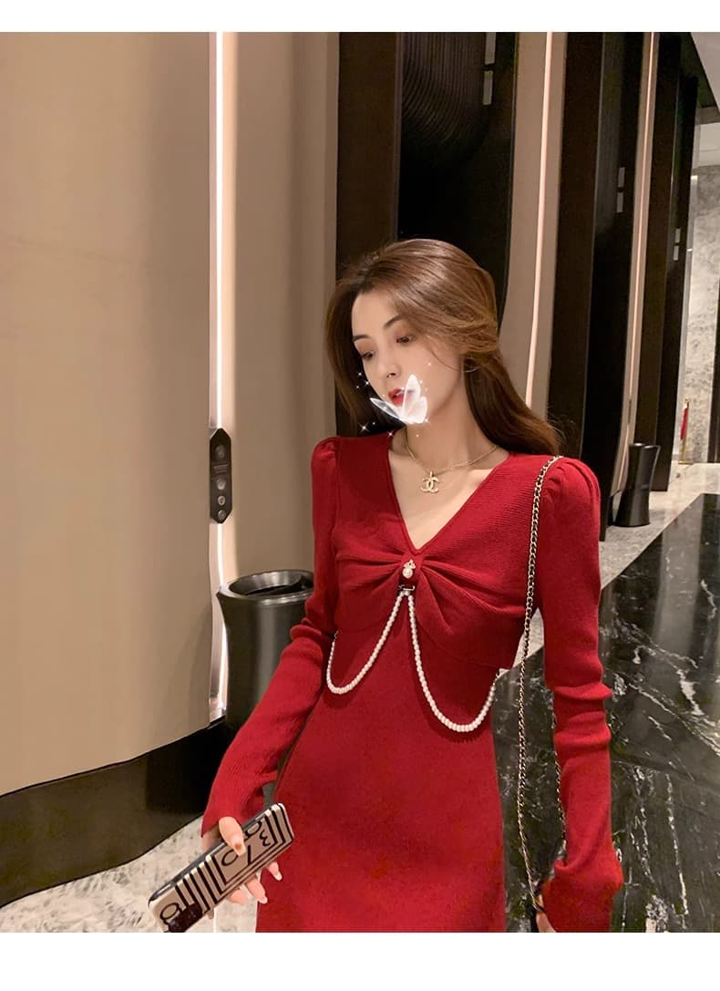 작은 샤넬 스타일 빨간색 니트 드레스 가을 여성 2026 새로운 연례 회의 프랑스식 만나는 끝났어 연중 가져 가라. 스웨터 드레스 상세 이미지 8
