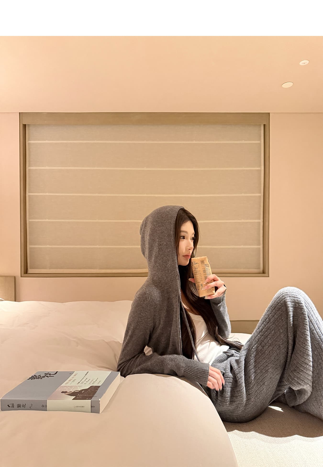후드 허리 수축 니트 오픈 가디건 캐주얼 긴 바지 세트 매운맛 모 바람 가을 새로운 몸매 가꾸기 슬림해 보이는 운동 투피스 세트 상세 이미지 4