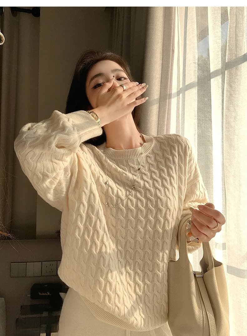가을 겨울 새로운 패션 다용도 오래된 돈 느긋한 휴식 센스 라운드 넥 부드러운 찹쌀 트위스트 꽃 스웨터 와이드 레그 팬츠 어린이 투피스 세트 상세 이미지 12