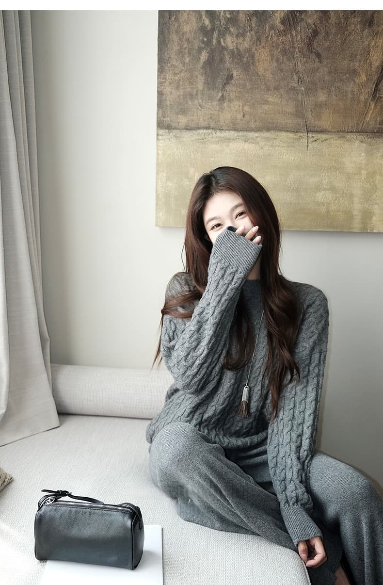 가을 겨울 새로운 패션 다용도 오래된 돈 느긋한 휴식 센스 라운드 넥 부드러운 찹쌀 트위스트 꽃 스웨터 와이드 레그 팬츠 어린이 투피스 세트 상세 이미지 33