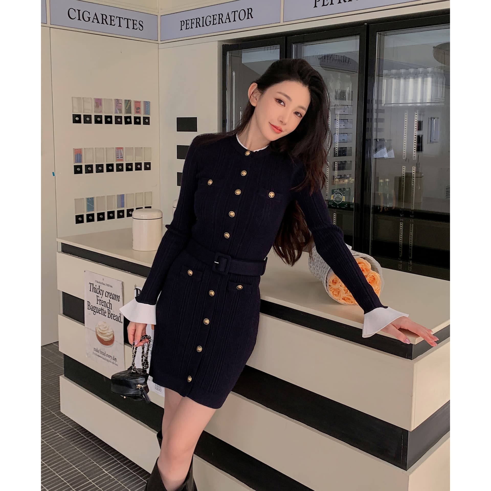 프랑스식 고급 우아한 천 금빛 바람 가을 겨울 새로운 몸매 가꾸기 슬림해 보이는 긴팔 라운드 넥 니트 타이트 스커트 드레스 이미지 2