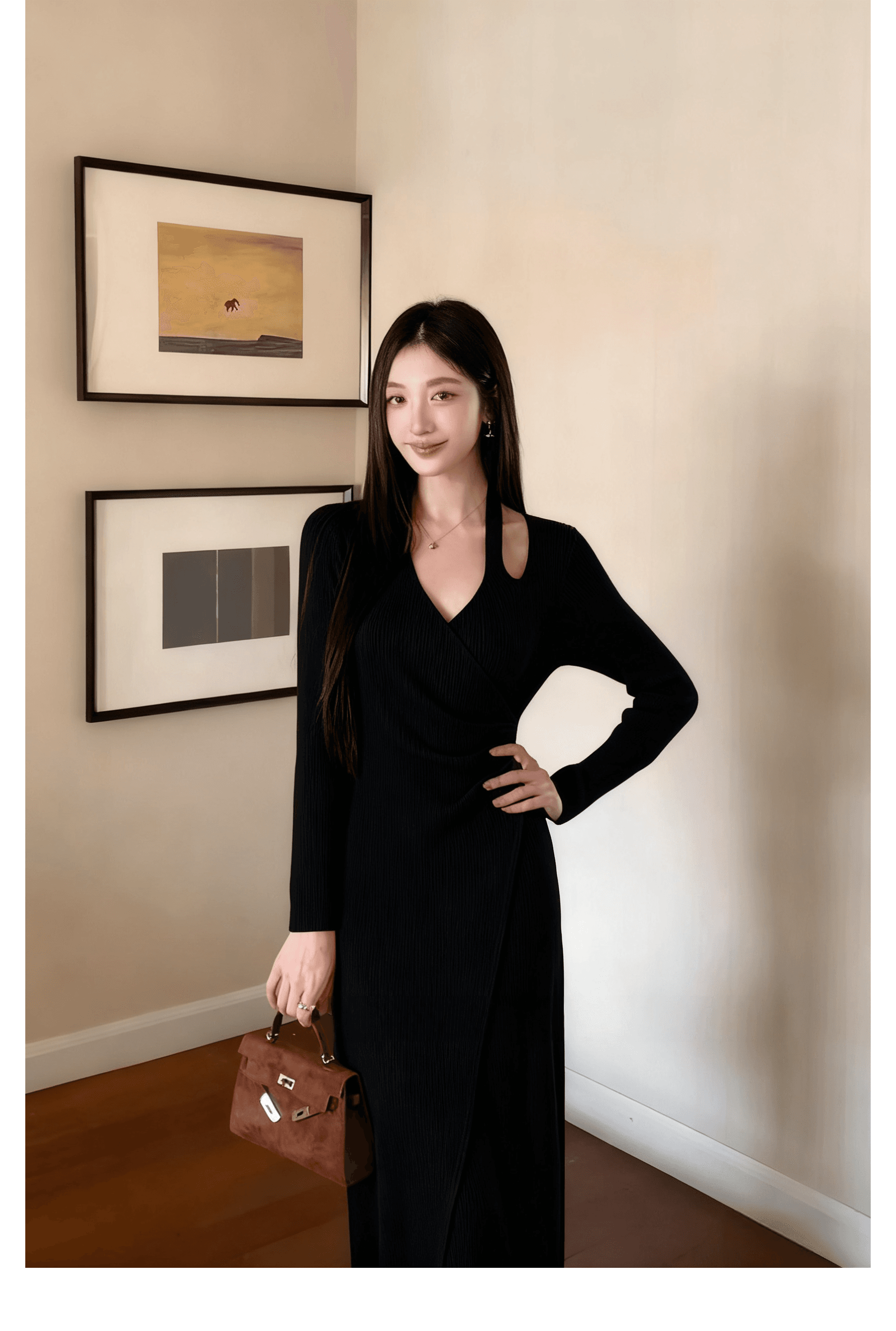 우아함 그는 벤 바람 가을 겨울 새로운 드레스 V넥 행침 목 긴팔 니트 레트로 패션 바람 작은 대중 디자인 여성 상세 이미지 11