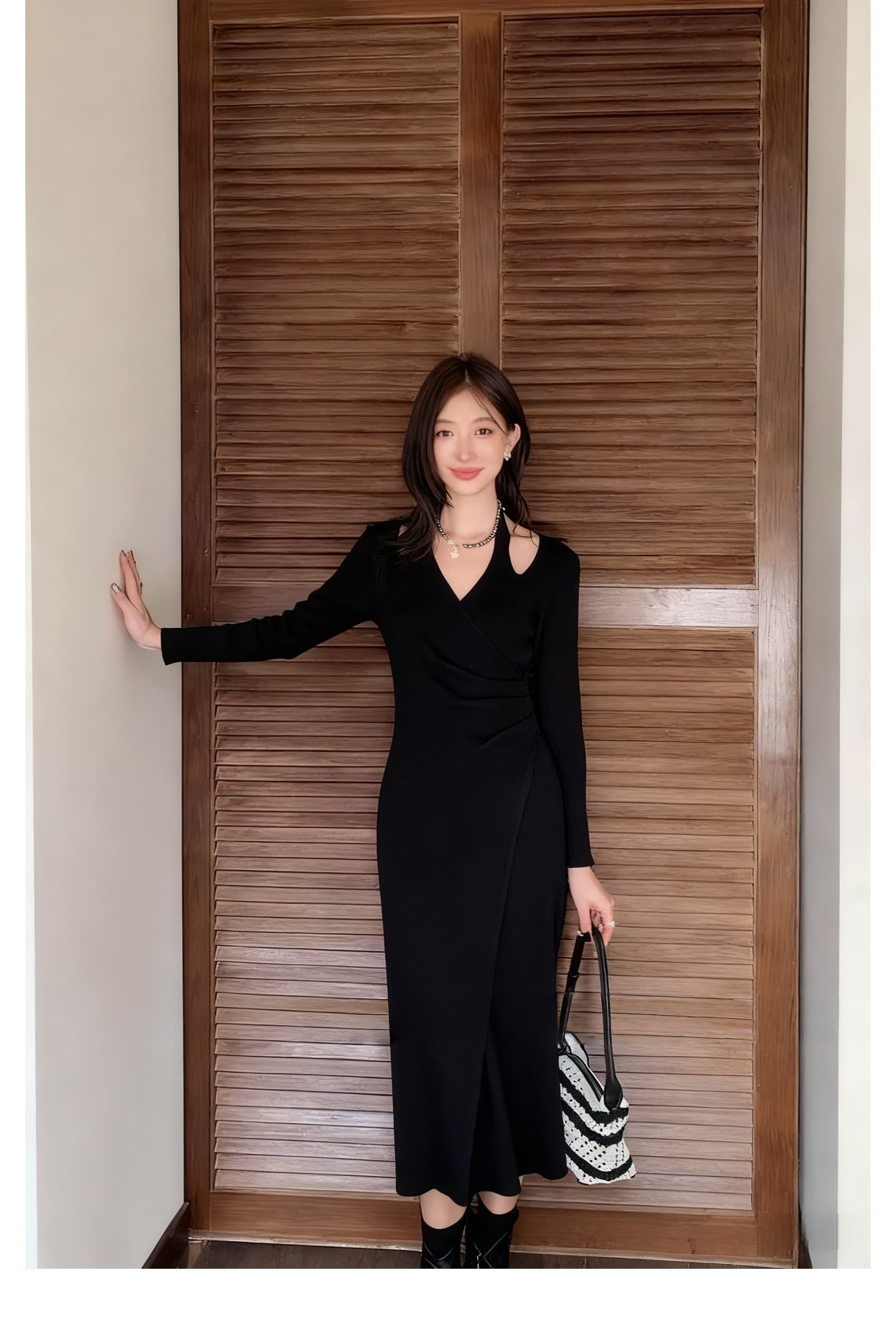 우아함 그는 벤 바람 가을 겨울 새로운 드레스 V넥 행침 목 긴팔 니트 레트로 패션 바람 작은 대중 디자인 여성 상세 이미지 18