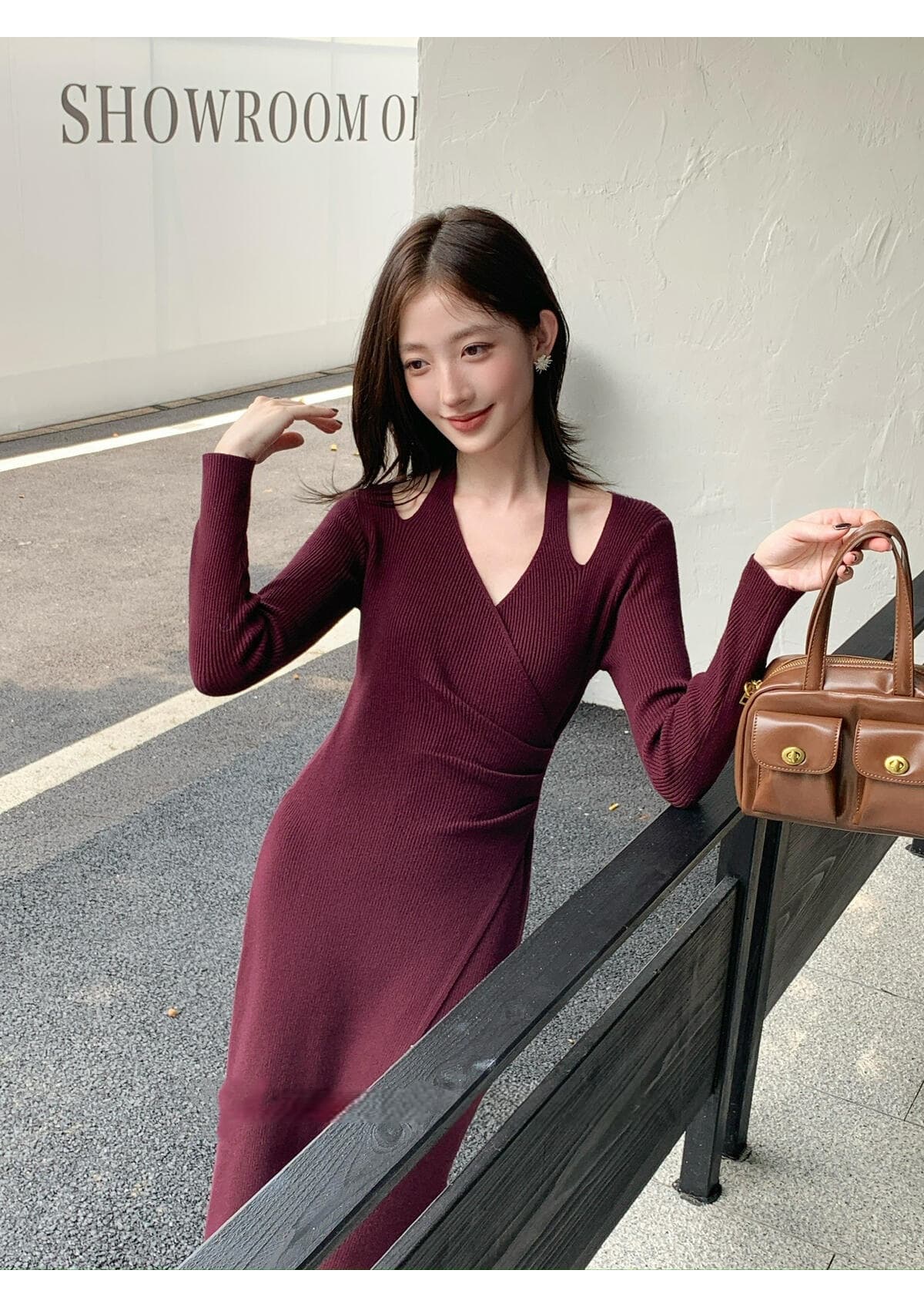 우아함 그는 벤 바람 가을 겨울 새로운 드레스 V넥 행침 목 긴팔 니트 레트로 패션 바람 작은 대중 디자인 여성 상세 이미지 23