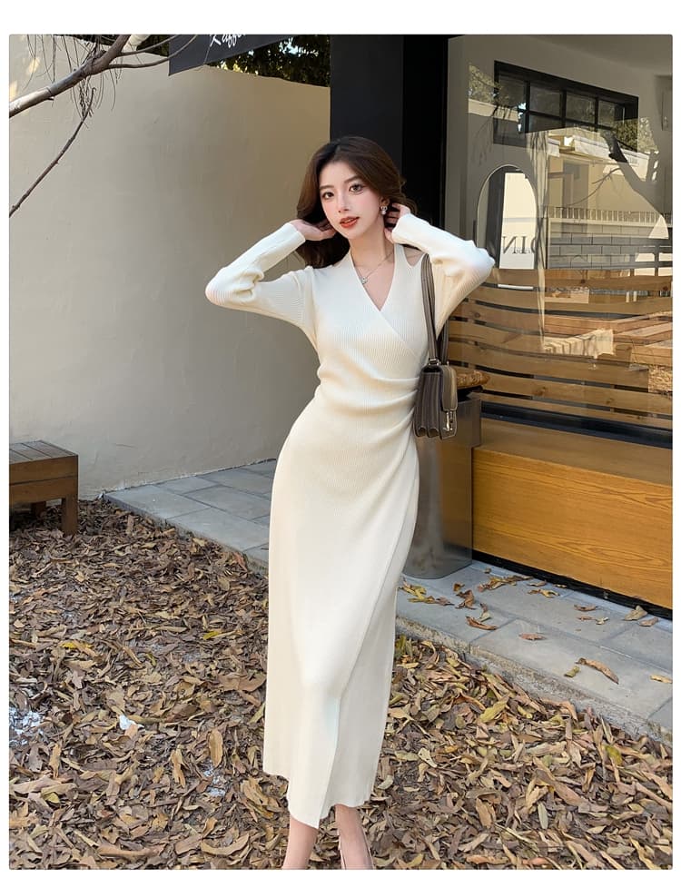 프랑스식 행침 목 V넥 긴팔 드레스 디자인 센스 우아함 니트 롱 스커트 가을 겨울 새로운 일상 착용 가져 가라. 슬림해 보이는 상세 이미지 19