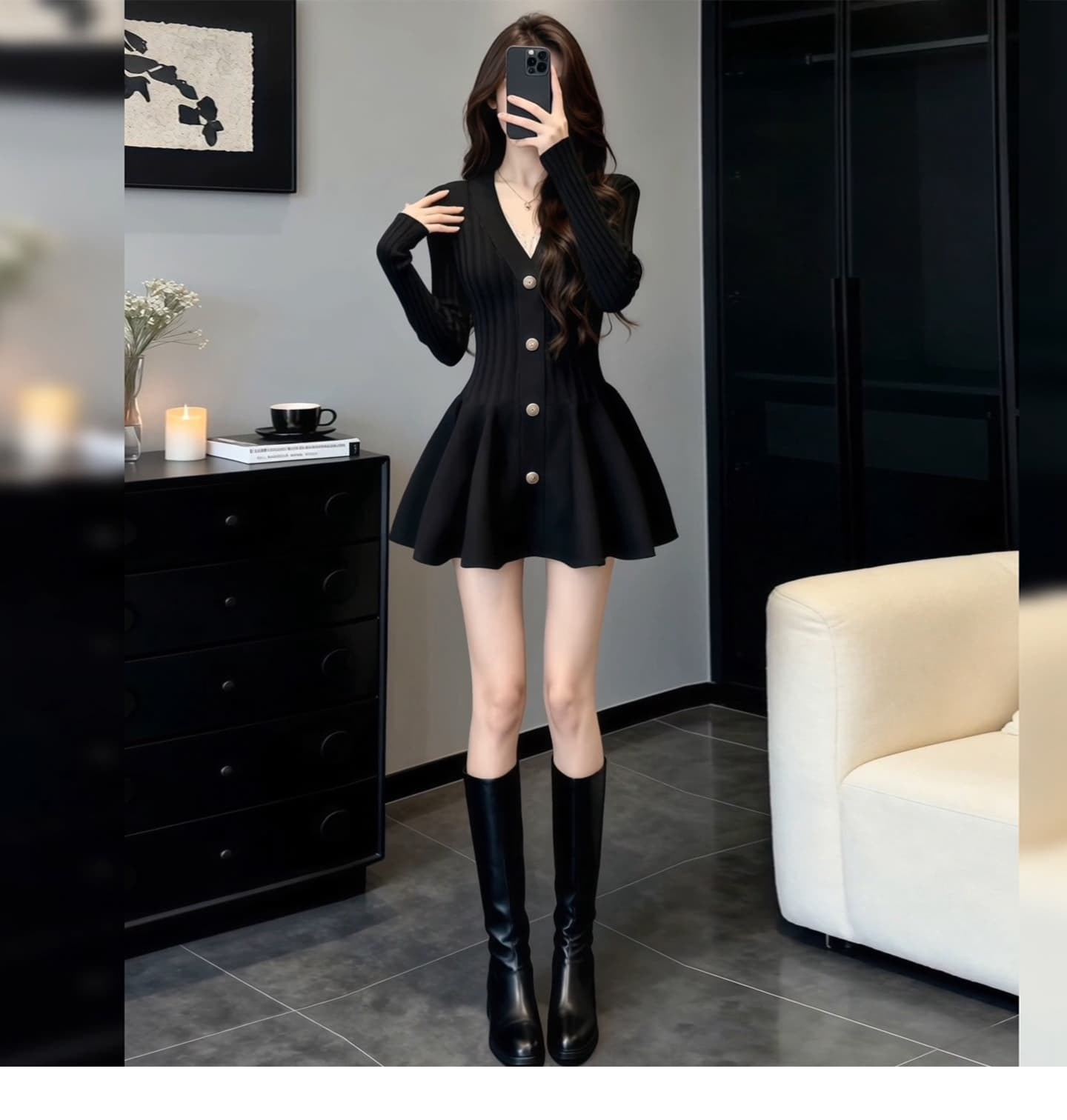 작은 샤넬 스타일 꼬집기 허리 드레스 2026 가을 겨울철 새로운 레트로 패션 차분한 바람 니트 미니 스커트 V넥 슬림해 보이는 여성 상세 이미지 3