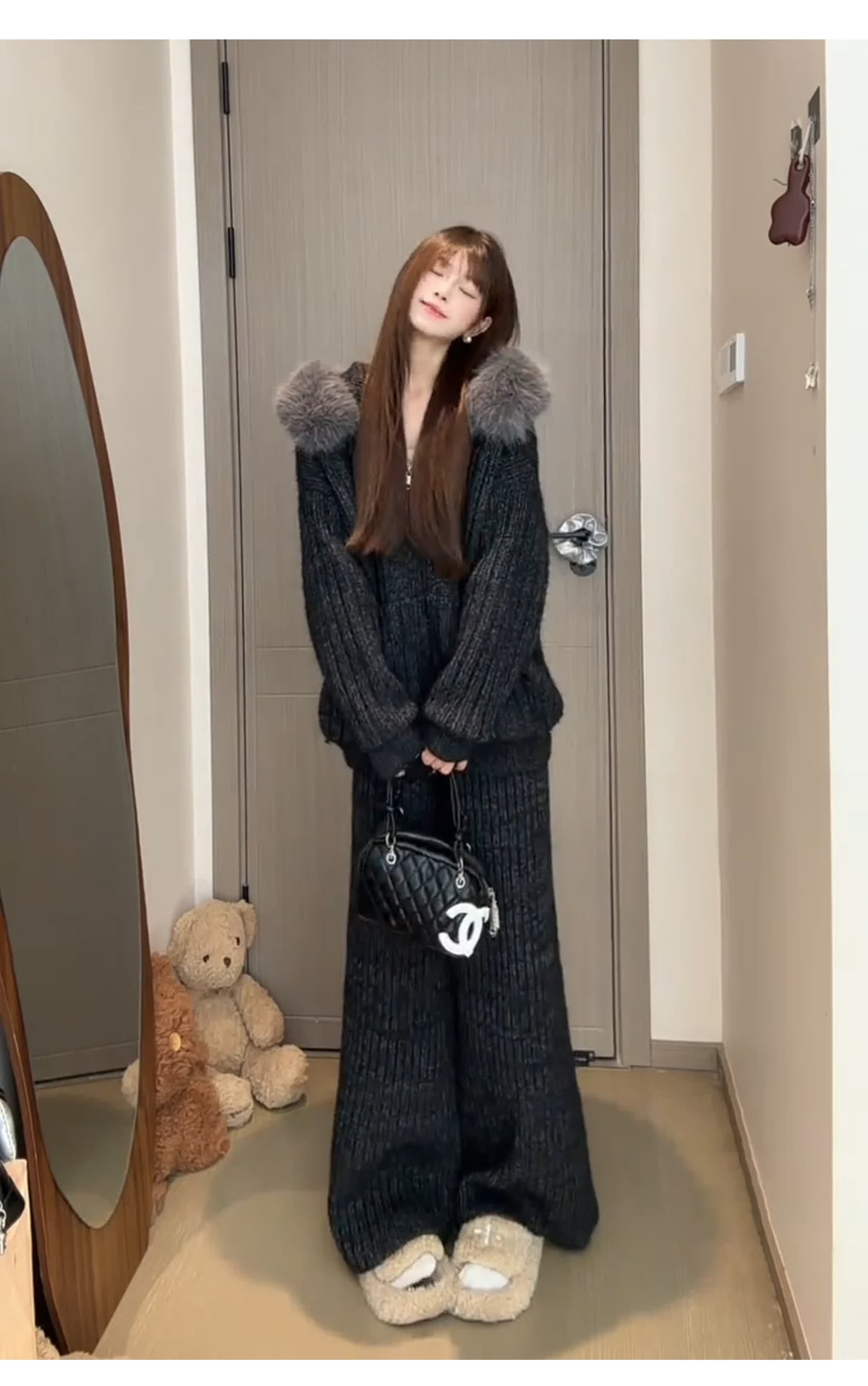 캐주얼 레트로 세트 가을 겨울 새로운 니트 스웨터 벨트 털 벨벳 모자 와이드 레그 팬츠 투피스 세트 다용도 일상 슬림해 보이는 상세 이미지 3