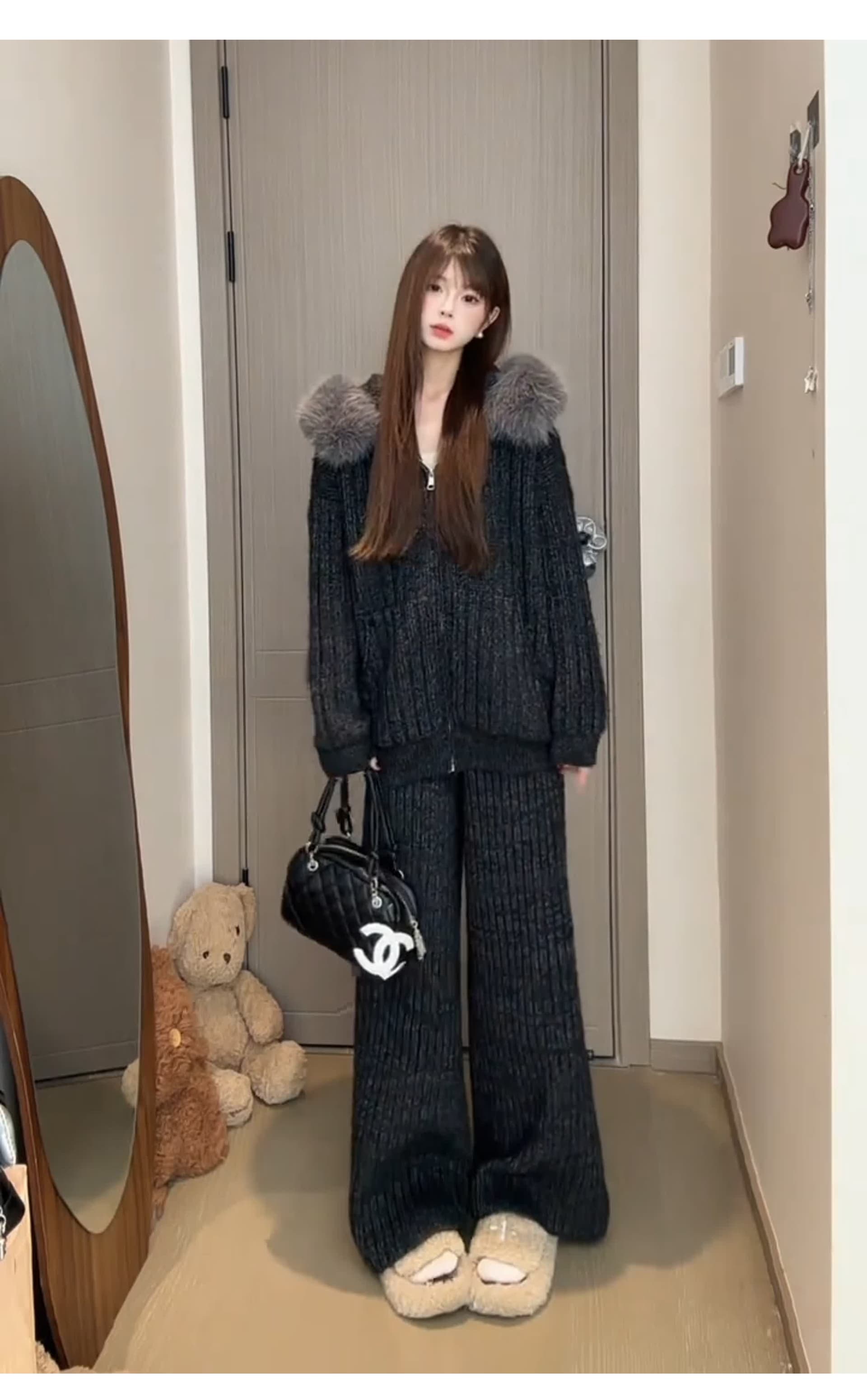 캐주얼 레트로 세트 가을 겨울 새로운 니트 스웨터 벨트 털 벨벳 모자 와이드 레그 팬츠 투피스 세트 다용도 일상 슬림해 보이는 상세 이미지 6