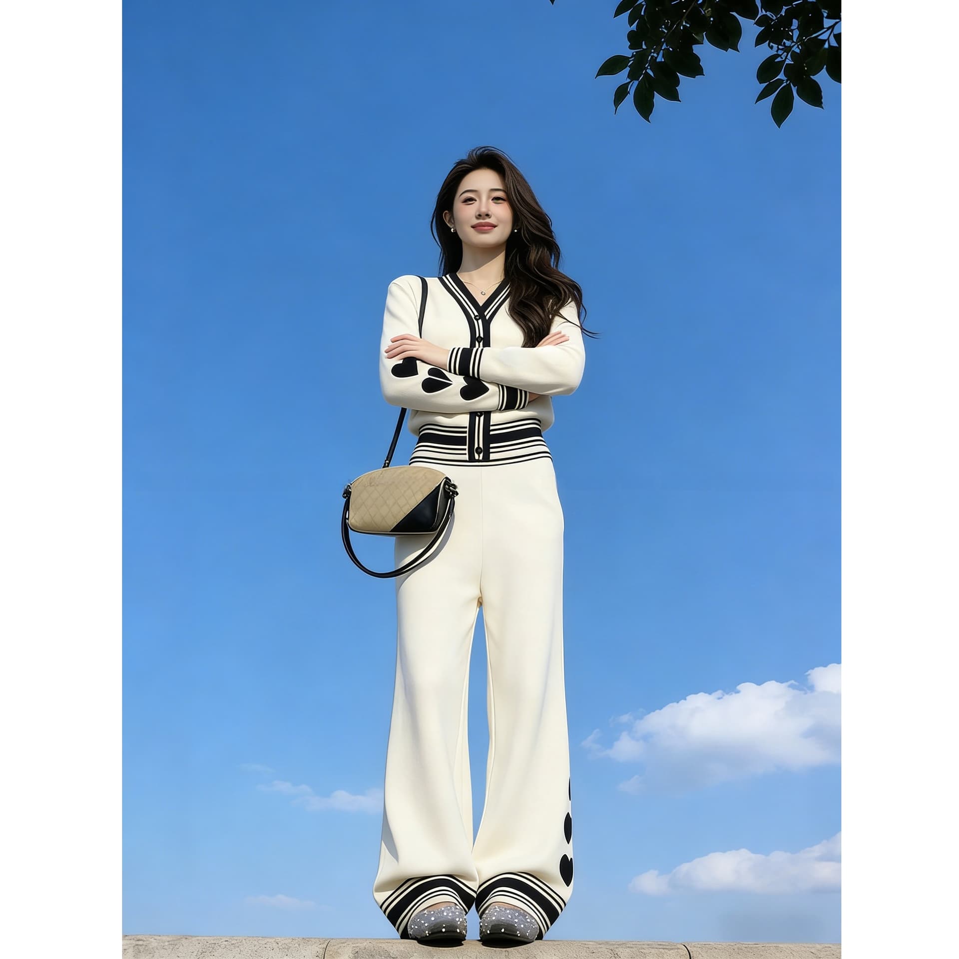 한 스타일 캐주얼 패션 천 금빛 바람 세트 가을 겨울 새로운 배색 하트 V넥 니트 오픈 가디건 긴 바지 투피스 세트 이미지 5