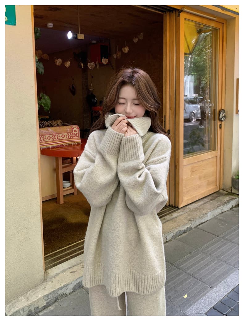 한 부서 학원 스타일 캐주얼 세트 가을 겨울 새로운 여성 해군 칼라 편안함 다용도 니트 스웨터 긴 바지 투피스 세트 상세 이미지 22