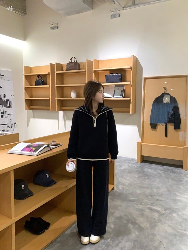 일상 착용 가져 가라. 캐주얼 바람 세트 2026 년 새로운 빅 칼라 지퍼 디자인 니트 스웨터 스트레이트 팬츠 투피스 세트 상세 이미지 8