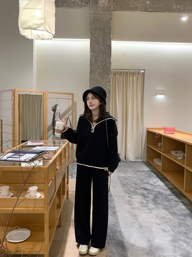 일상 착용 가져 가라. 캐주얼 바람 세트 2026 년 새로운 빅 칼라 지퍼 디자인 니트 스웨터 스트레이트 팬츠 투피스 세트 상세 이미지 10