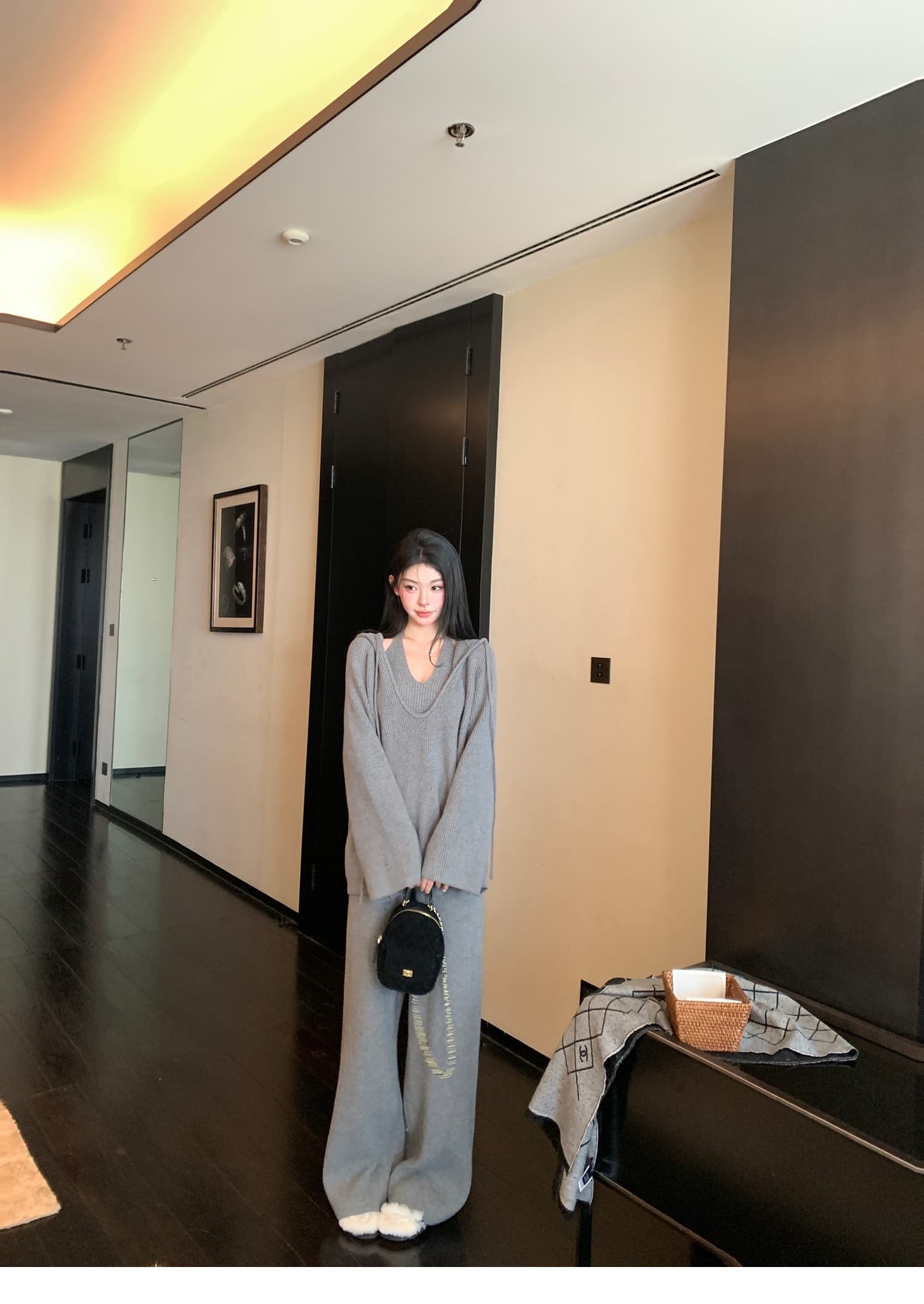 거리 세련된 캐주얼 레트로 세트 가을 겨울 새로운 니트 행침 목 인사이드 가져 가라. V넥 긴팔 긴 바지 세 조각 여성 세트 상세 이미지 9