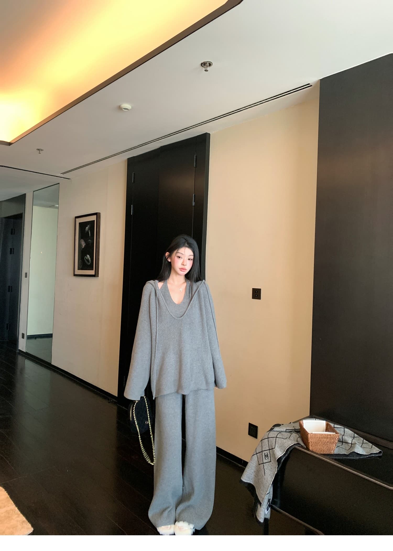 거리 세련된 캐주얼 레트로 세트 가을 겨울 새로운 니트 행침 목 인사이드 가져 가라. V넥 긴팔 긴 바지 세 조각 여성 세트 상세 이미지 16