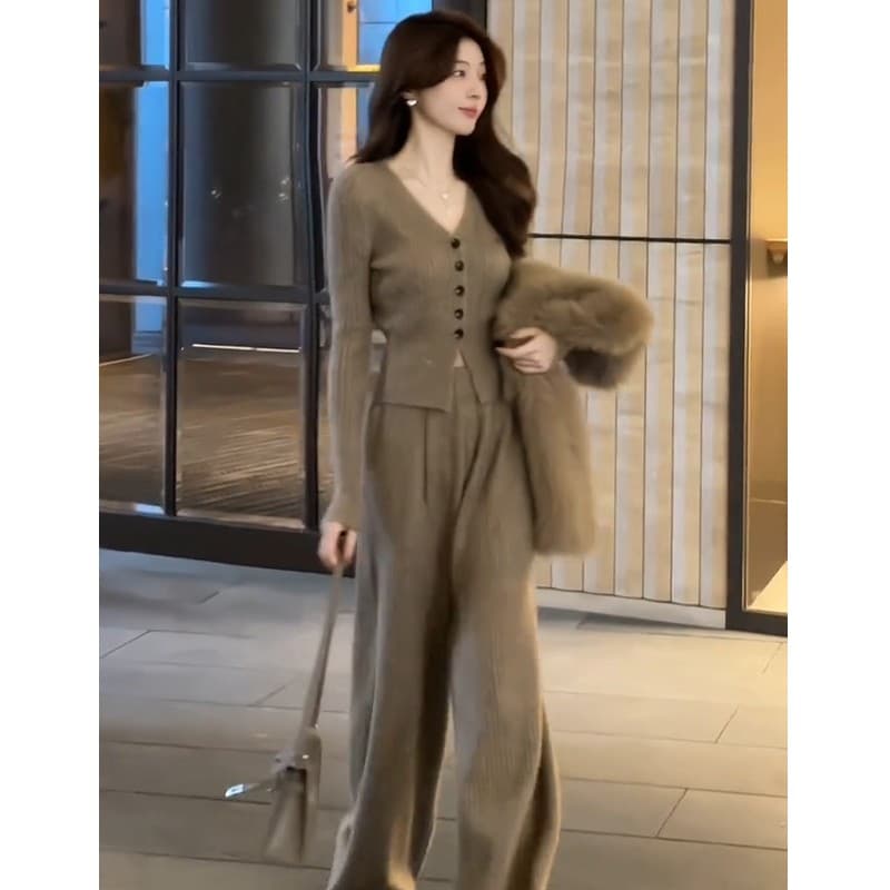 숙녀 명문 여성 바람 몸매 가꾸기 슬림해 보이는 착용 가져 가라. 일상 세트 봄 새로운 니트 오픈 가디건 와이드 레그 팬츠 투피스 세트 이미지 3
