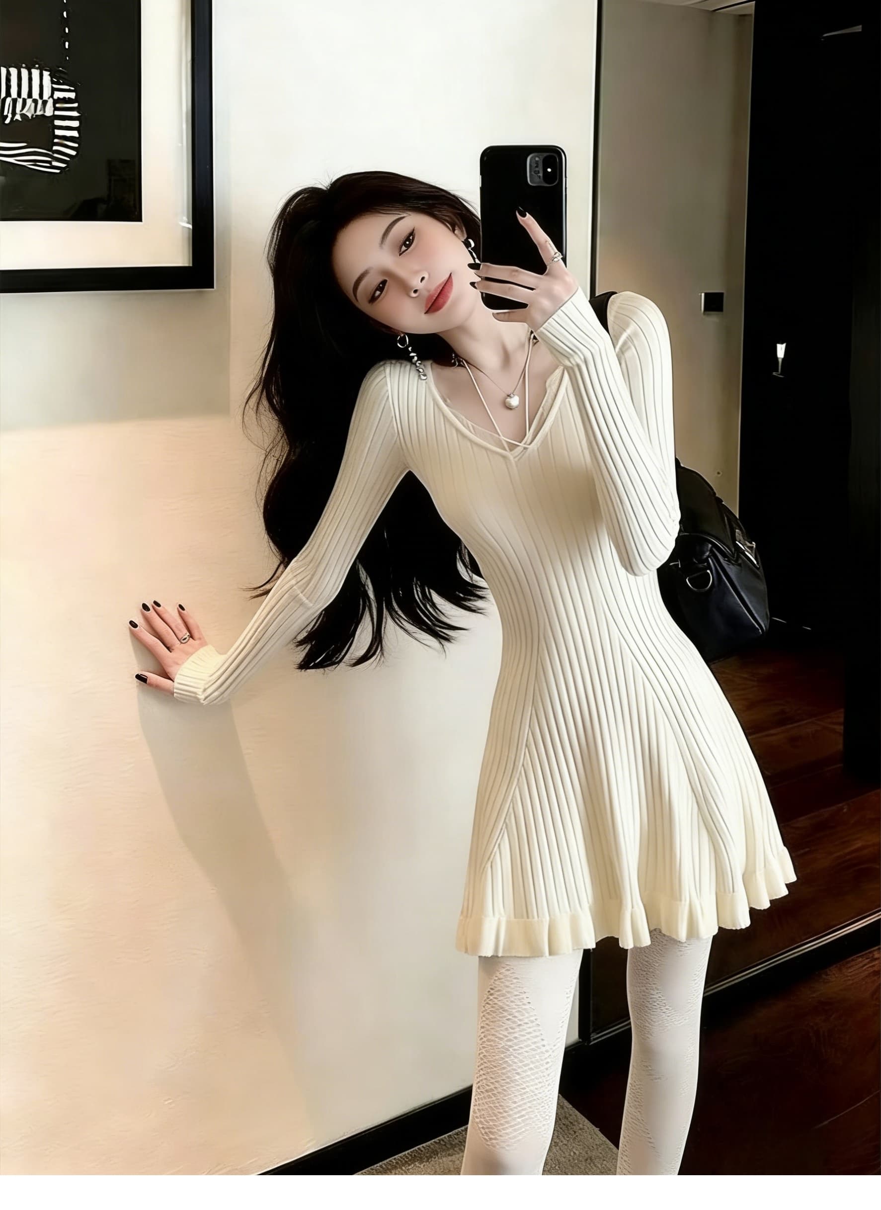 작은 샤넬 스타일 천 골드 문예 바람 드레스 2026 년 가을 새로운 미니멀리즘 패션 슬림해 보이는 여성 뜨개질 드레스 상세 이미지 7