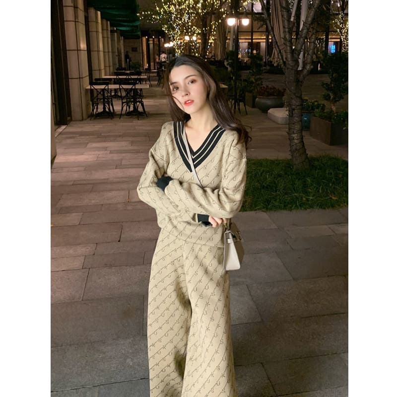 한 스타일 캐주얼 레트로 트렌드 패션 세트 봄 새로운 편안함 다용도 V넥 니트 스웨터 투피스 세트 이미지 2
