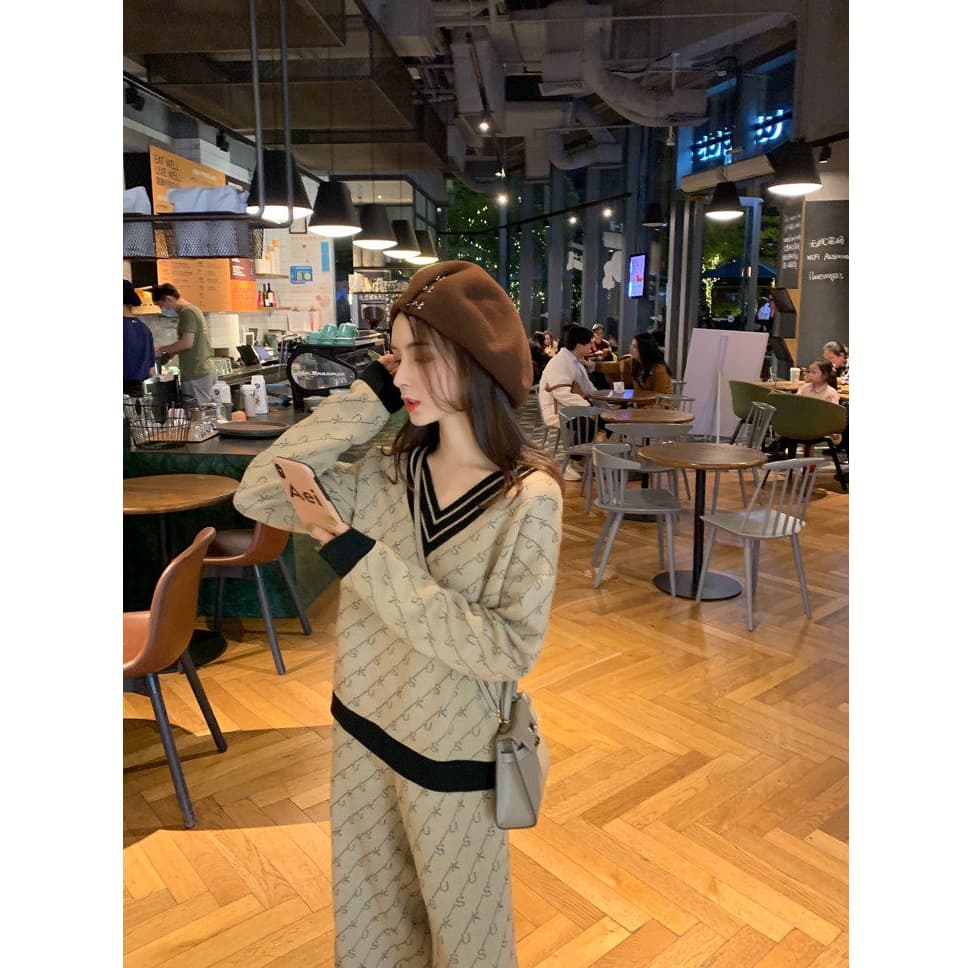 한 스타일 캐주얼 레트로 트렌드 패션 세트 봄 새로운 편안함 다용도 V넥 니트 스웨터 투피스 세트 이미지 5