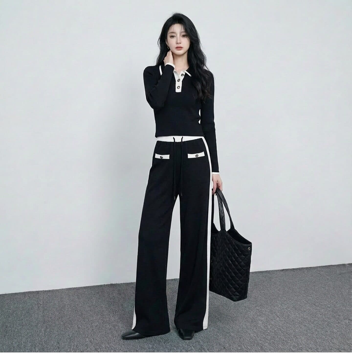캐주얼 편안함 미니멀리즘 바람 패션 세트 봄 새로운 흑인과 백인 배색 디자인 센스 연령 감소 니트 투피스 세트 상세 이미지 2