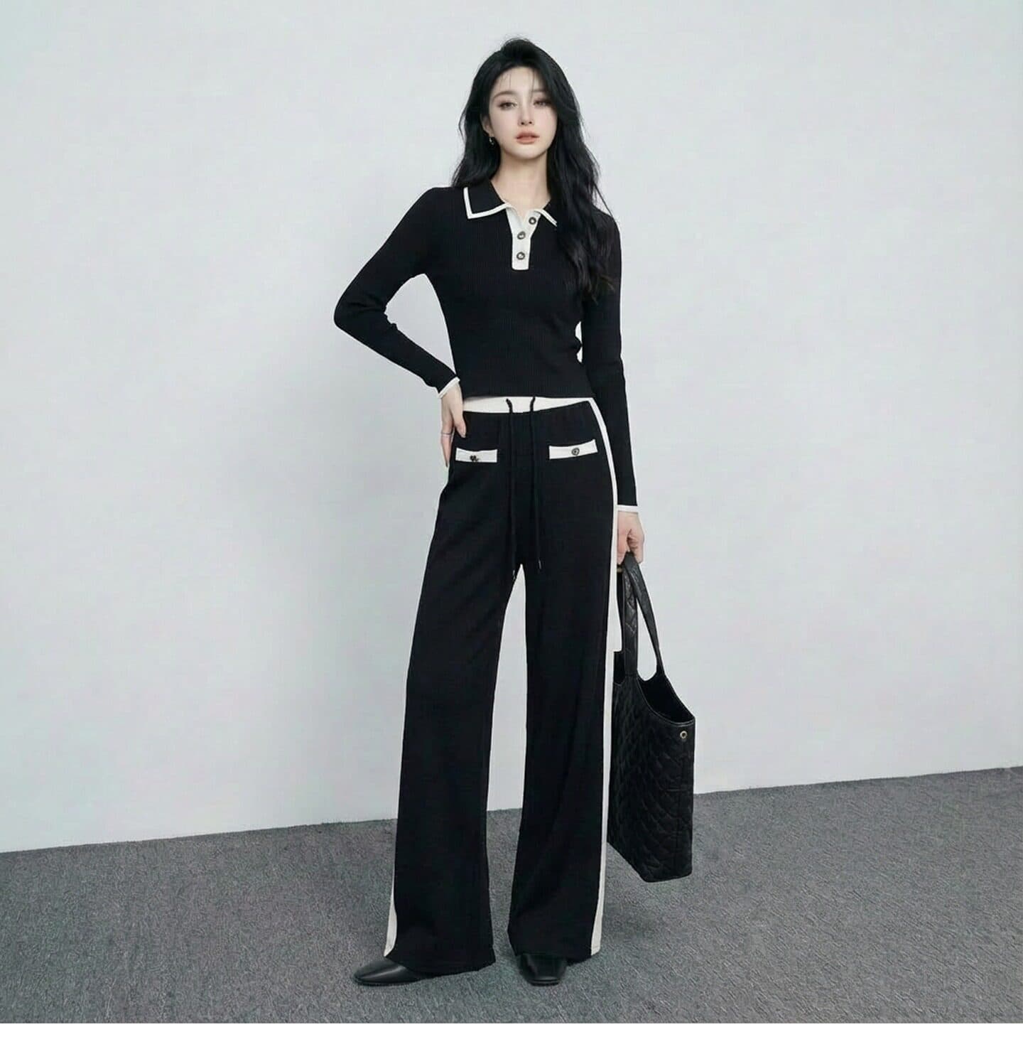 캐주얼 편안함 미니멀리즘 바람 패션 세트 봄 새로운 흑인과 백인 배색 디자인 센스 연령 감소 니트 투피스 세트 상세 이미지 4