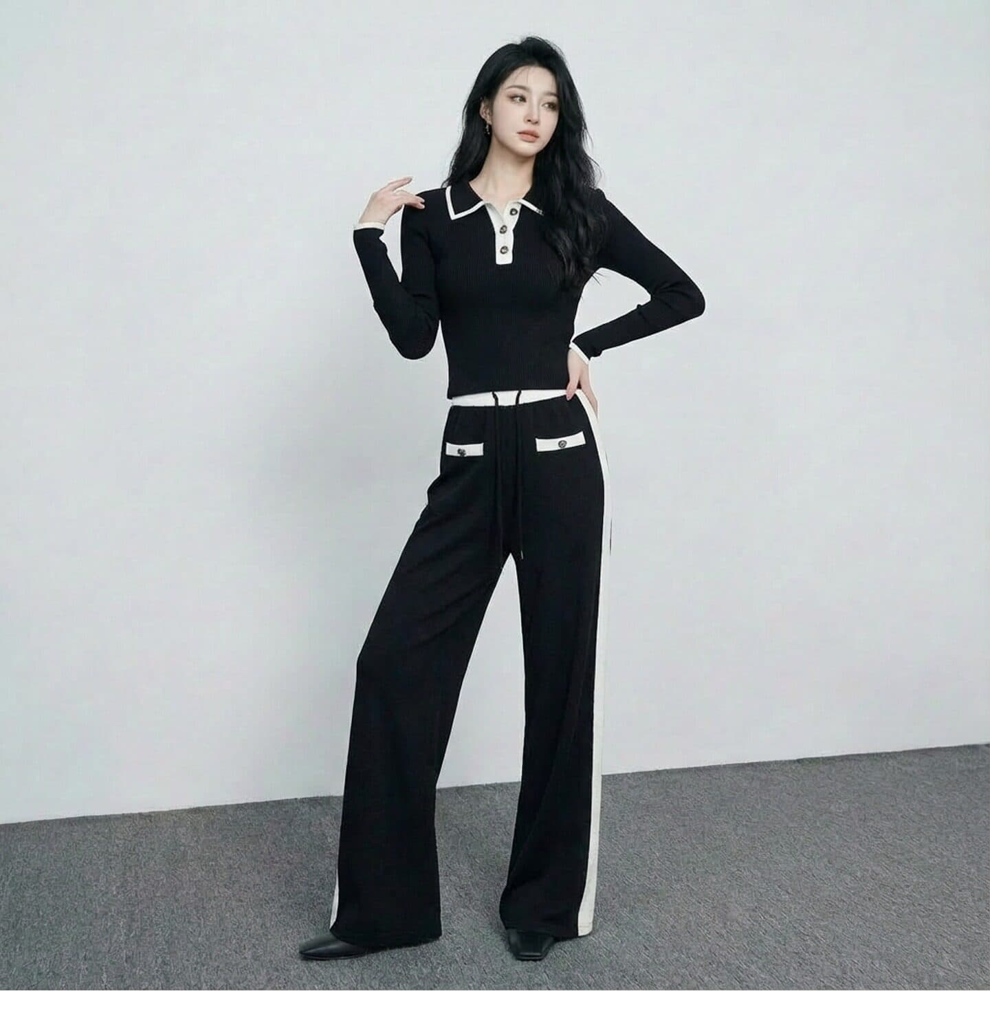 캐주얼 편안함 미니멀리즘 바람 패션 세트 봄 새로운 흑인과 백인 배색 디자인 센스 연령 감소 니트 투피스 세트 상세 이미지 6