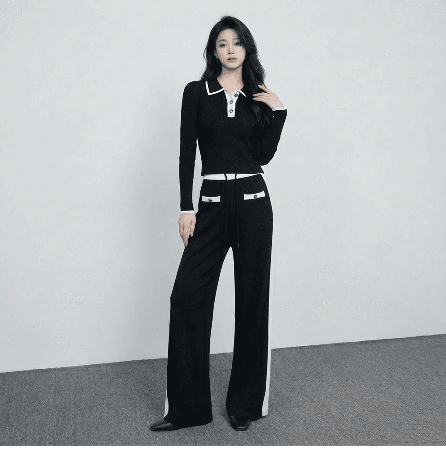 캐주얼 편안함 미니멀리즘 바람 패션 세트 봄 새로운 흑인과 백인 배색 디자인 센스 연령 감소 니트 투피스 세트 상세 이미지 7
