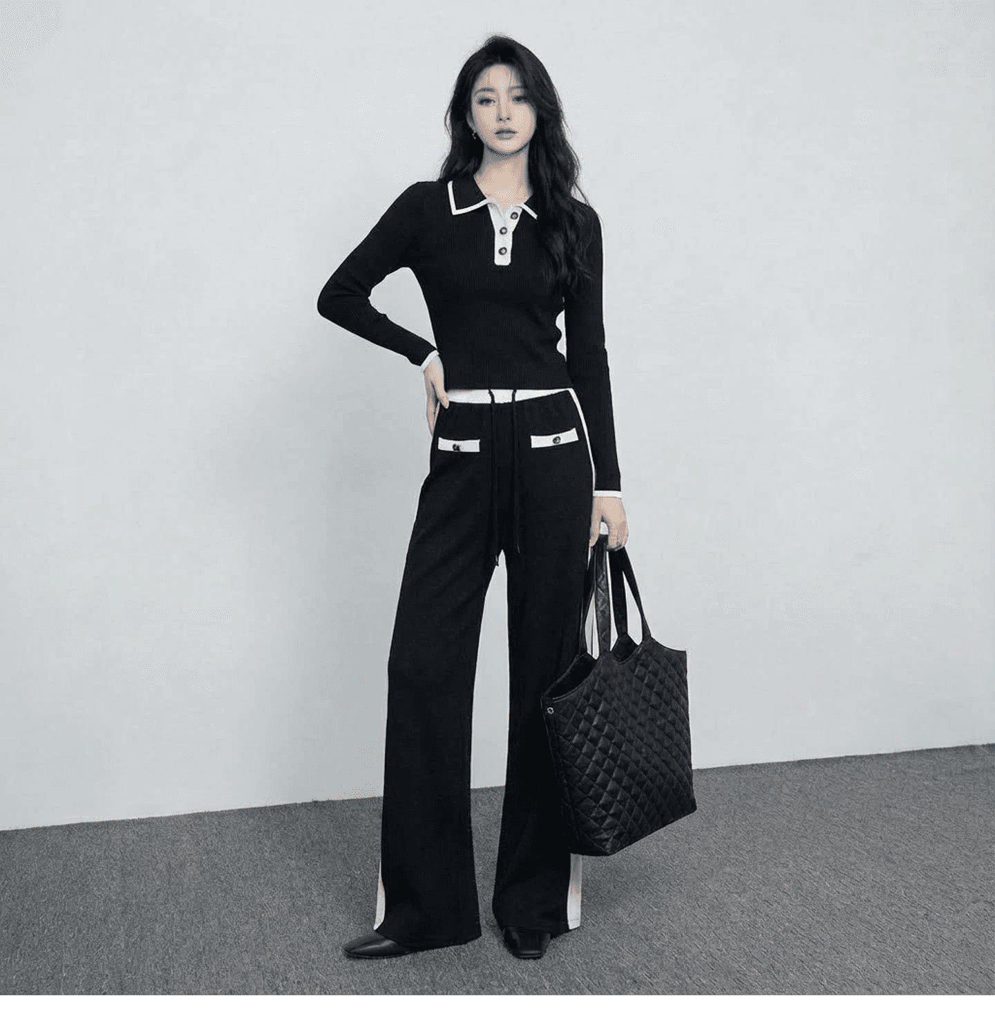 캐주얼 편안함 미니멀리즘 바람 패션 세트 봄 새로운 흑인과 백인 배색 디자인 센스 연령 감소 니트 투피스 세트 상세 이미지 8