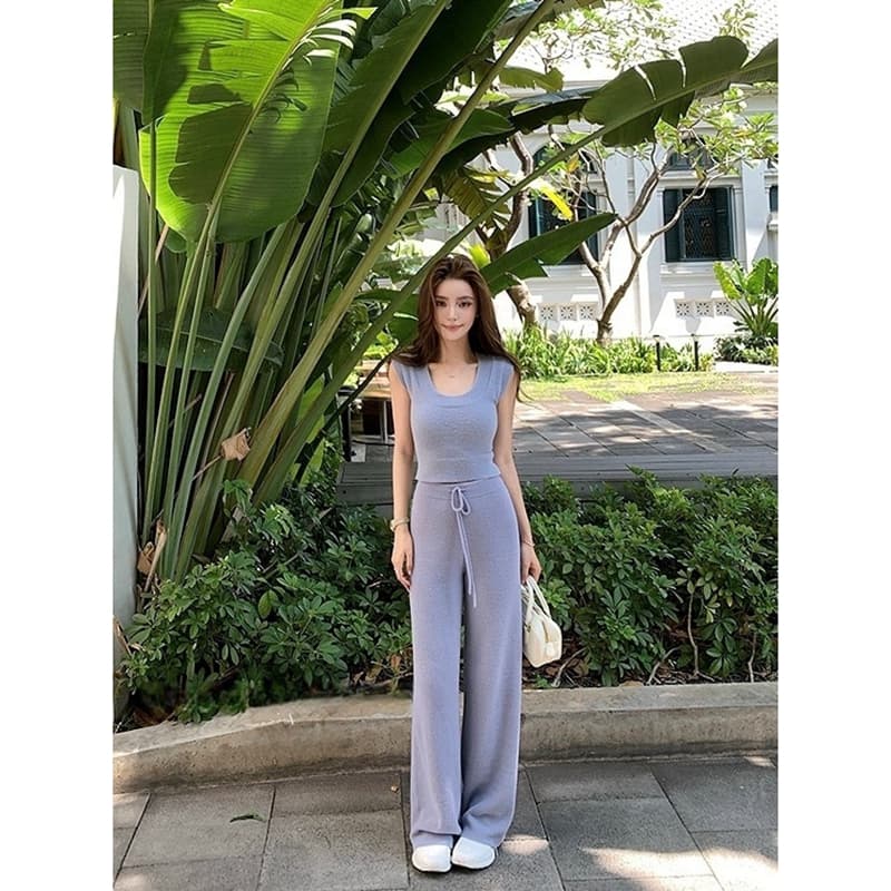 우유 블루 일기 몸매 가꾸기 u 칼라 조끼 니트 펌프 로프 바지 세트 넣다 부드러운 착용 쳉 쳉 일상 여름 드레스 새로운 이미지 2